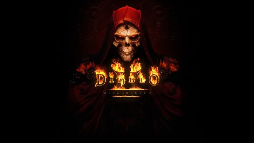 Skeletal figure in a red hood with glowing red eyes above the flaming Diablo II Resurrected logo on black.