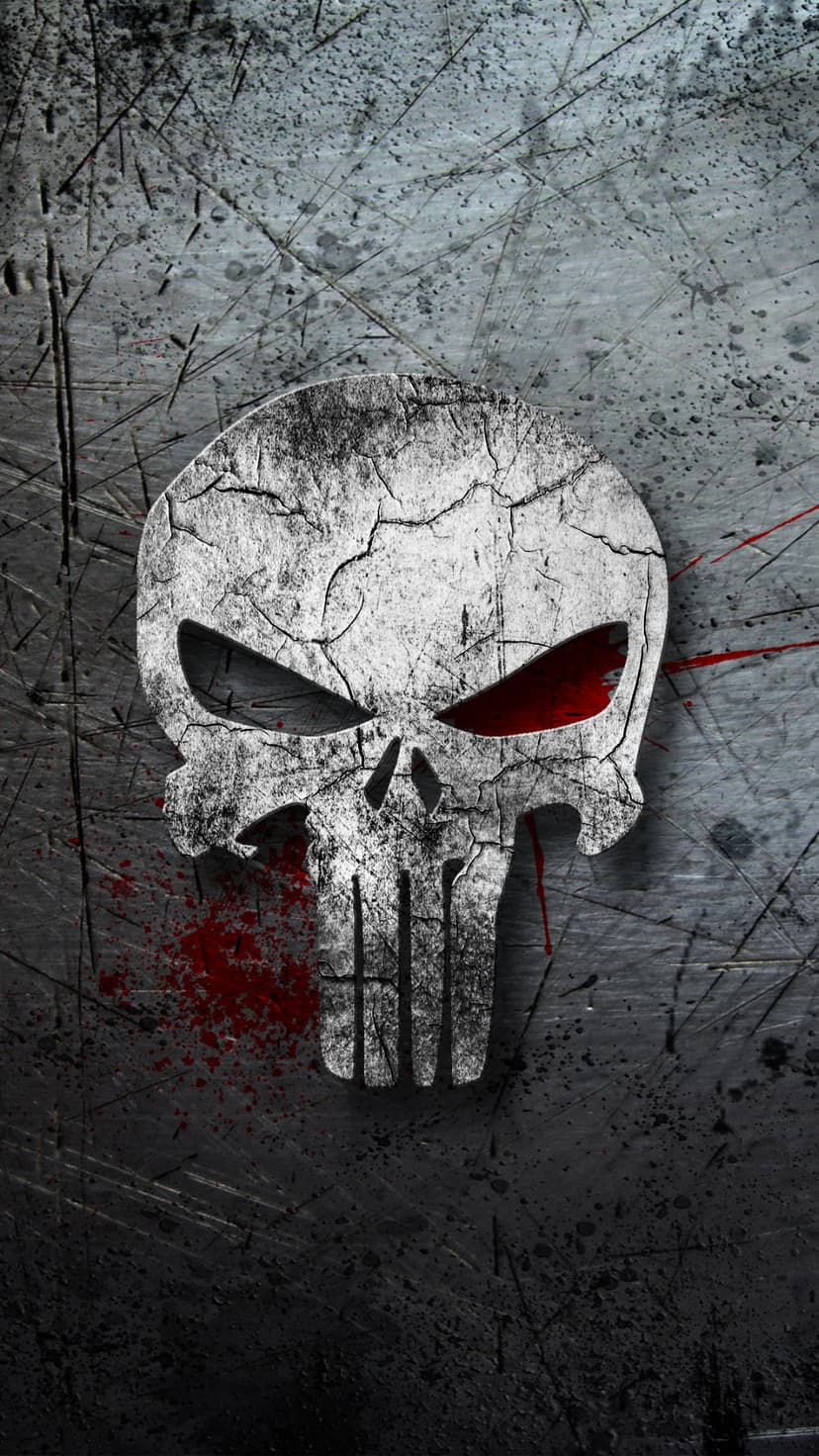Punisher skull with cracked white texture and red glowing eyes on a dark scratched metal background with blood.
