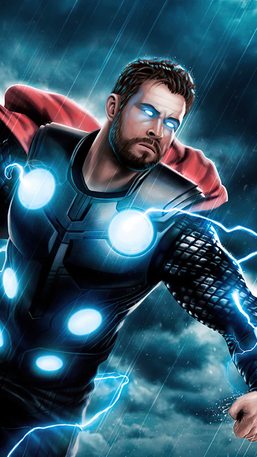 Thor with glowing blue eyes stands in a heavy rainstorm as lightning bolts crackle around his armored chest.