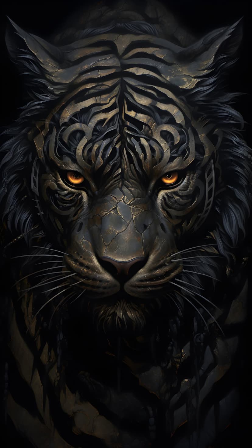 Mechanical tiger head with cracked metallic armor and glowing orange eyes against a dark background.