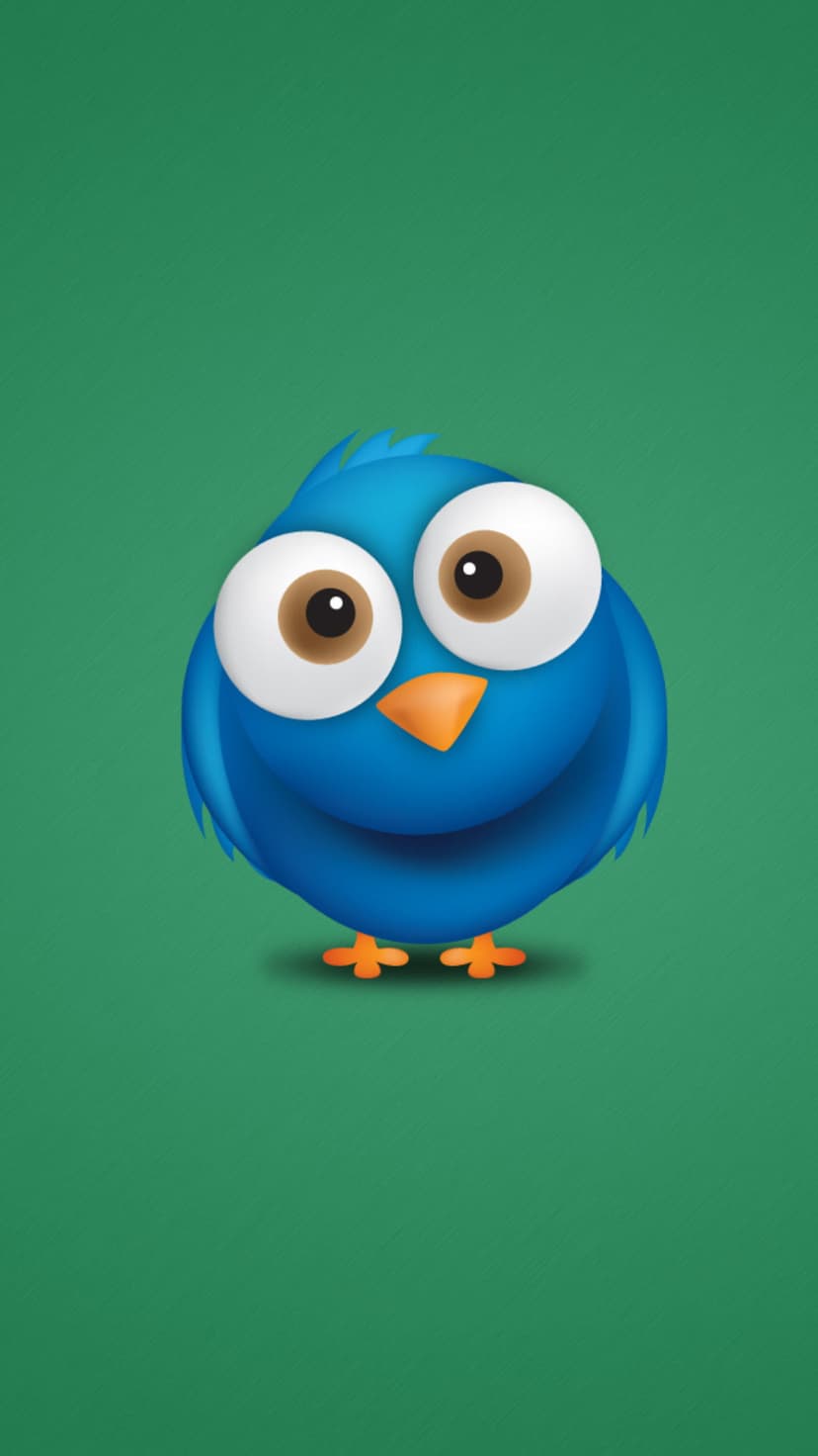 Blue bird with large eyes and orange beak standing against a solid bright green background in a minimalist style.