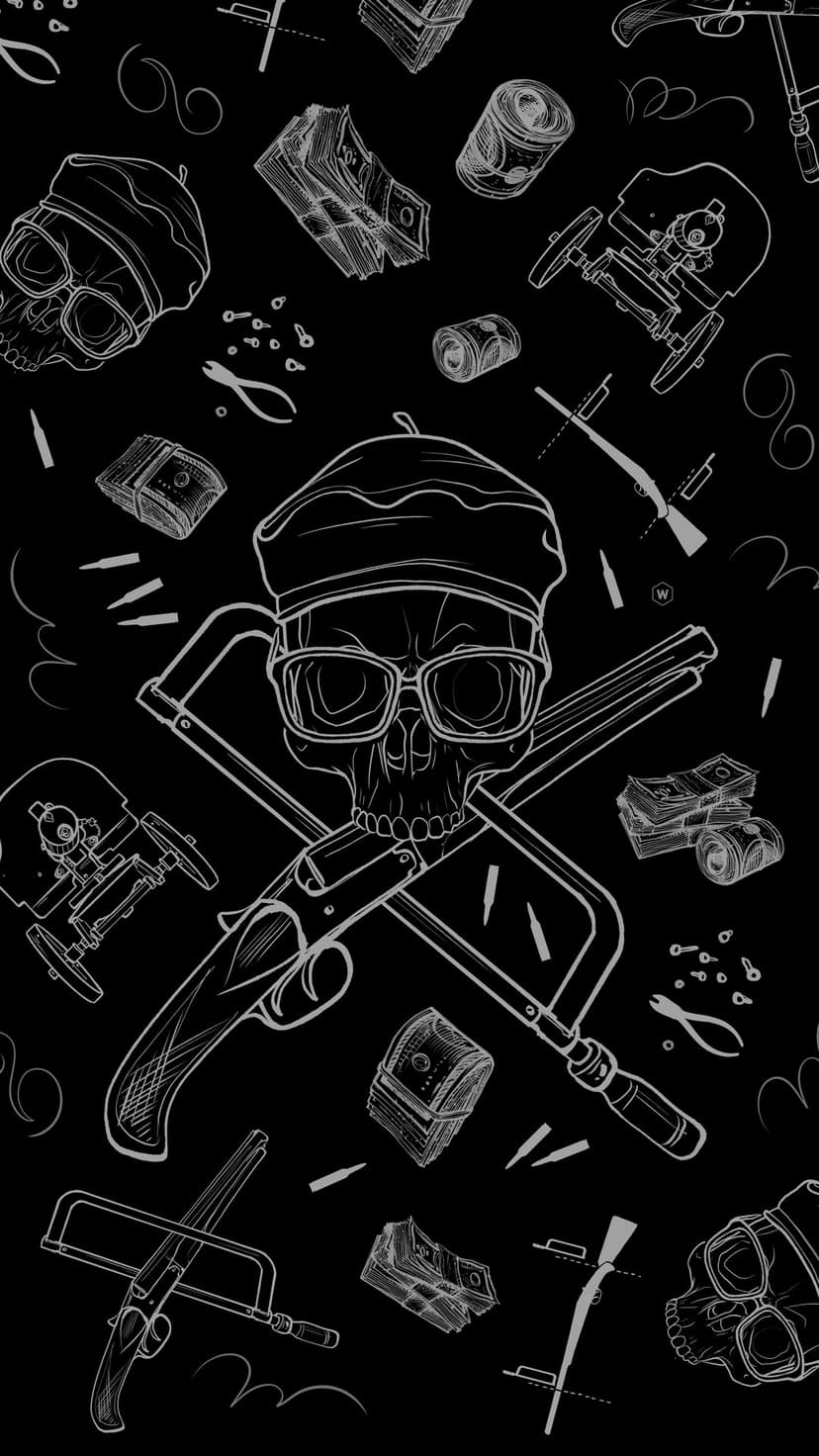 Skull wearing glasses and a beret surrounded by hand-drawn revolvers, cash, and tools on a black background.