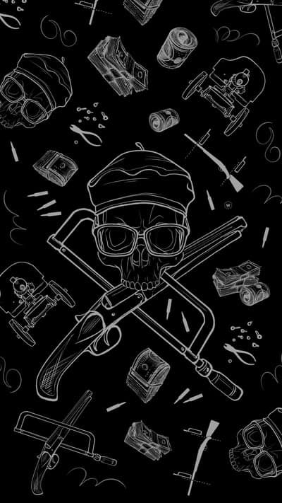 Gritty Outlaw Skull with Money and Guns Phone Wallpaper
