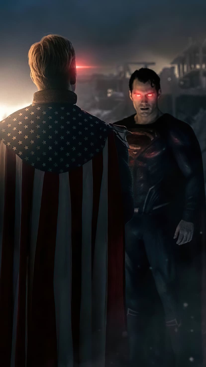 Superman and Homelander face each other with glowing red eyes in a dark and desolate wasteland setting.