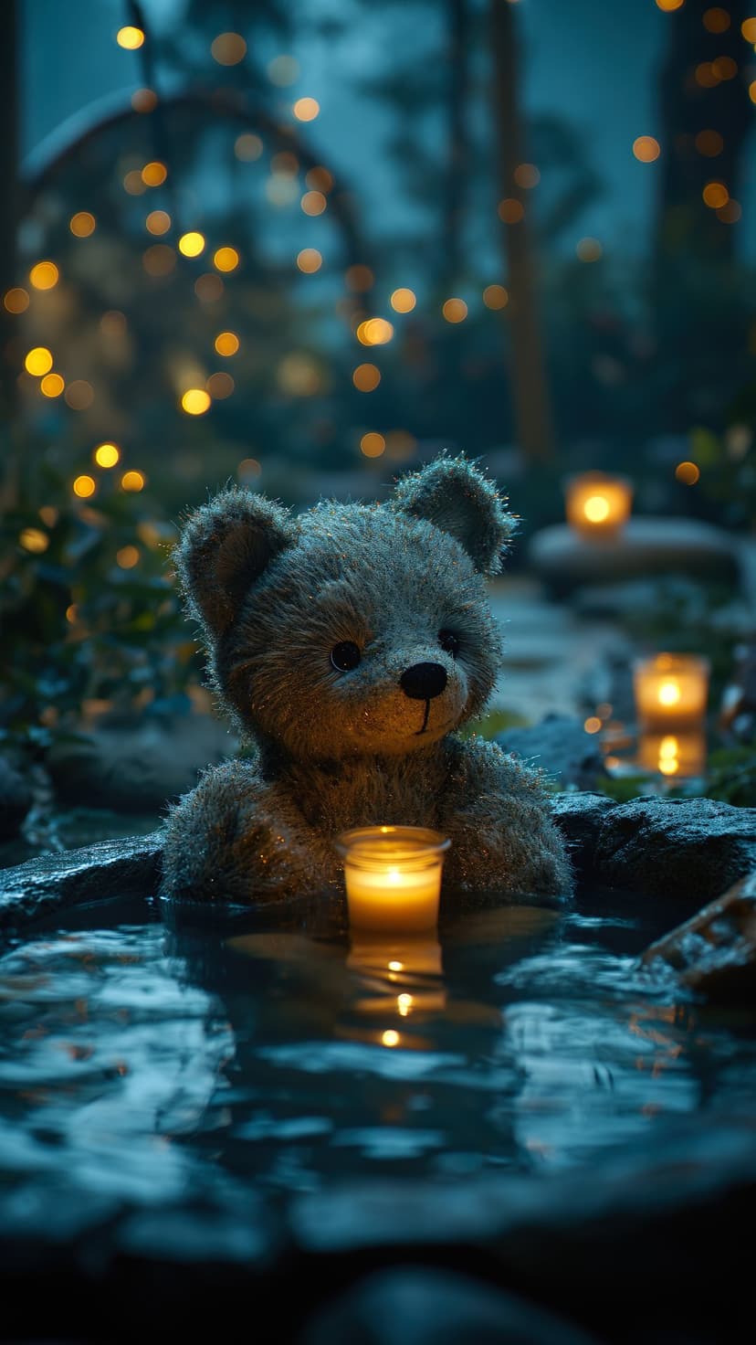 Teddy bear sitting in water next to a glowing candle with golden bokeh lights in a dark forest setting.