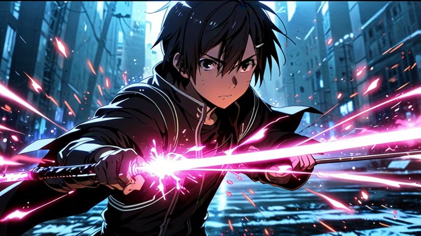 Cyberpunk warrior holds a radiant glowing energy sword while standing in a neon-lit futuristic city at night.
