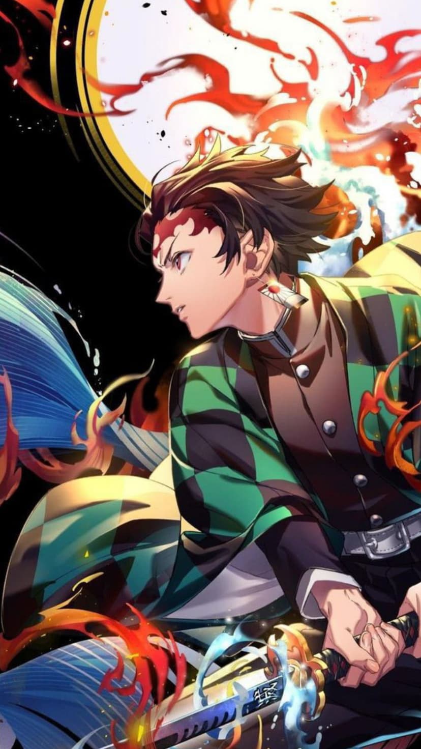 Tanjiro Kamado wearing a green checkered haori grips a sword amid swirling blue water and bright orange flames.
