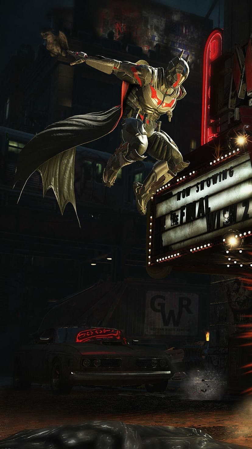 Batman in armored suit leaps over a dark Gotham street with a theater marquee and vintage car visible.