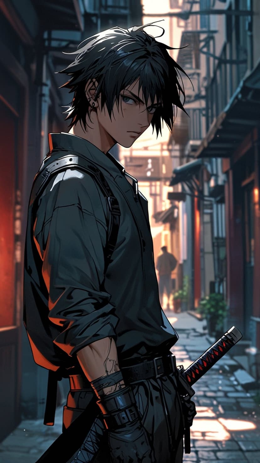Black-haired warrior with glowing blue eyes holds a sword in a narrow street lit by warm traditional lanterns.