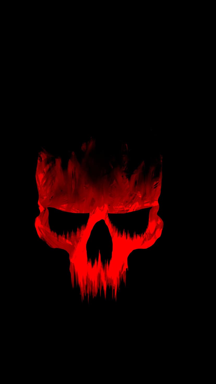 Human skull glowing in vivid red with ethereal wisps of fire rising against a solid black background.