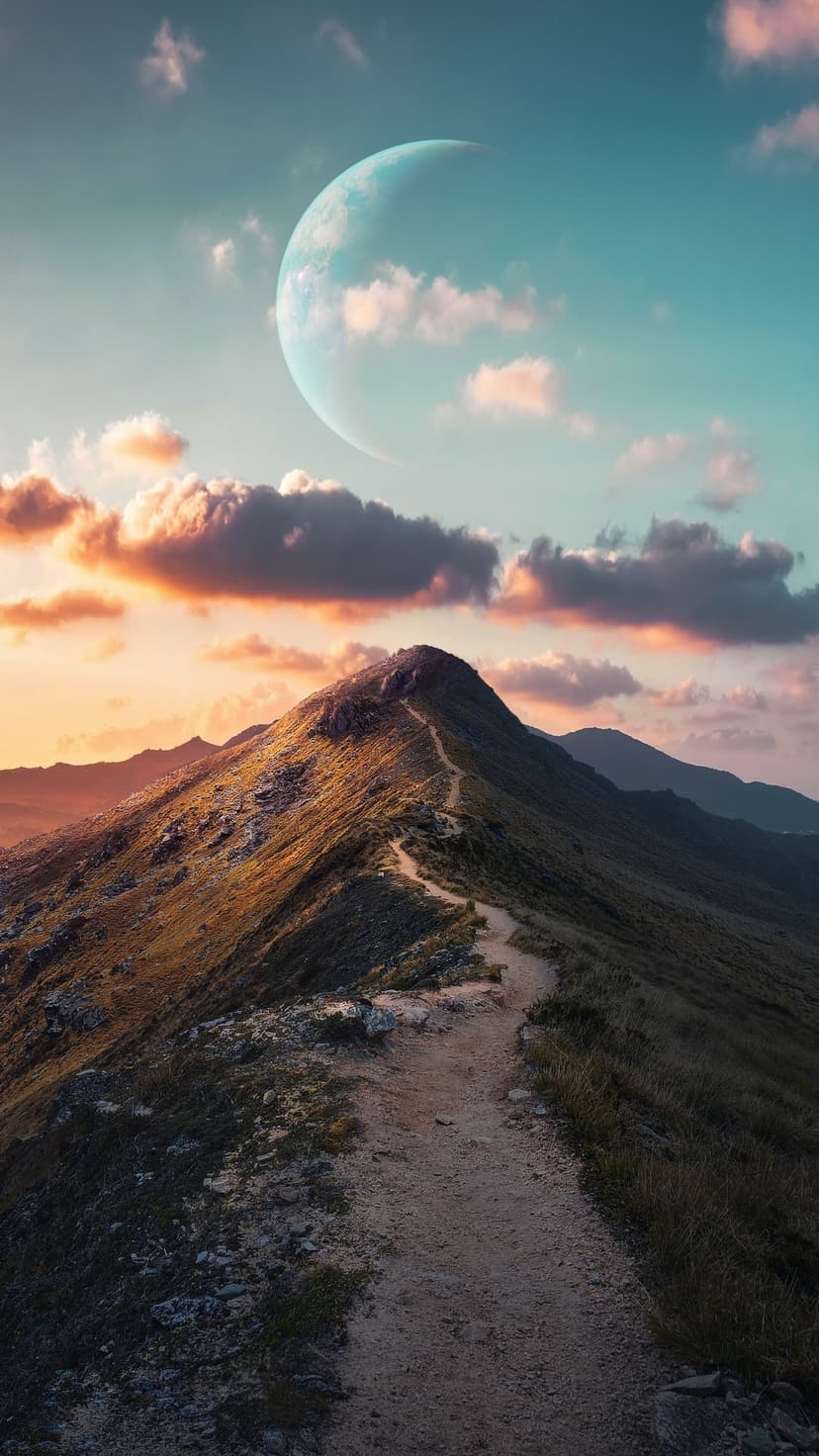 Massive blue planet looming over a craggy mountain peak and a dirt pathway under a vibrant turquoise and orange sky.