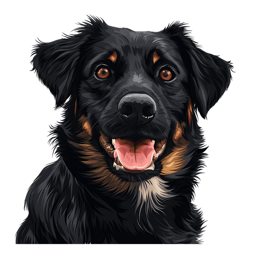 Bernese mountain dog illustration showing black and tan fur, amber eyes, and an open mouth on a dark backdrop.