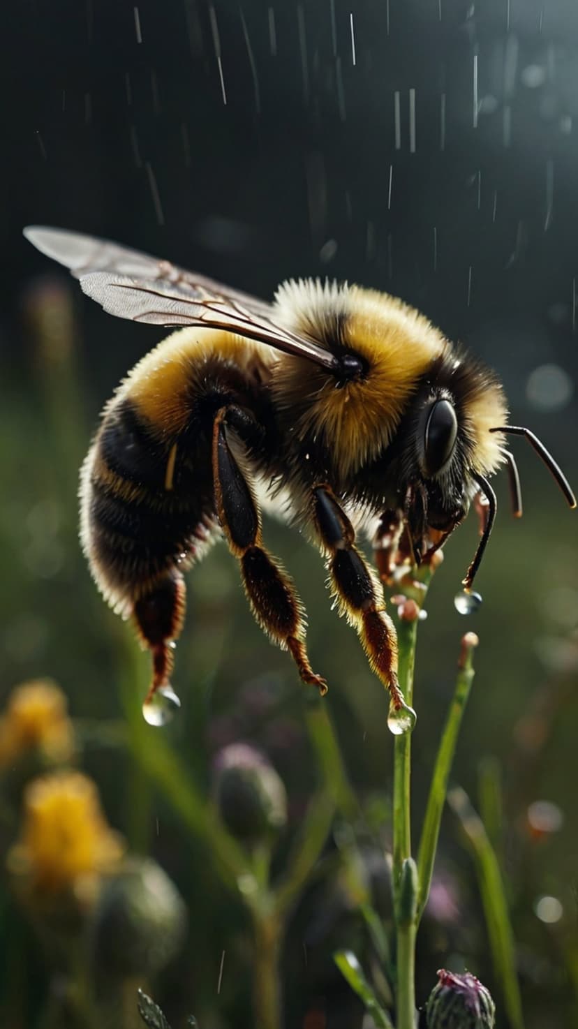 Bumblebee with yellow and black stripes clings to a wet plant stem covered in droplets during a rain shower.