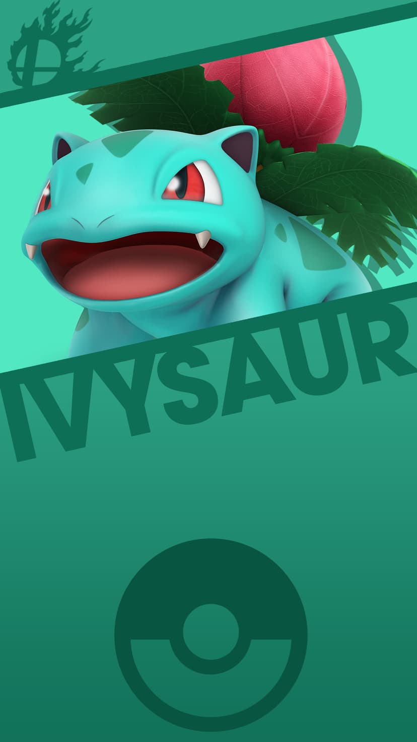 Ivysaur with a pink bud on its back against a teal background with the Super Smash Bros. logo and name.