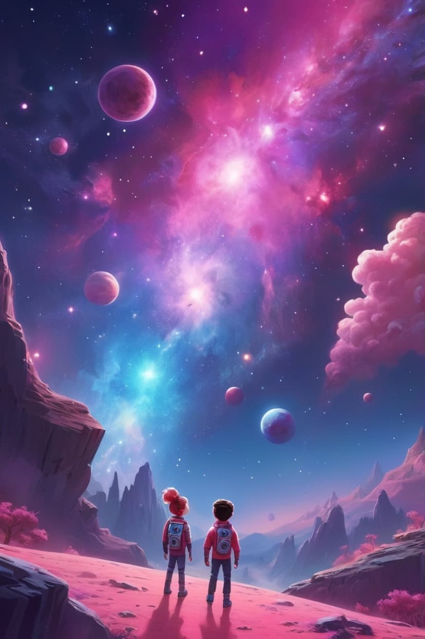 Two small children stand on a jagged pink cliff gazing up at a vibrant swirling nebula and several distant planets.