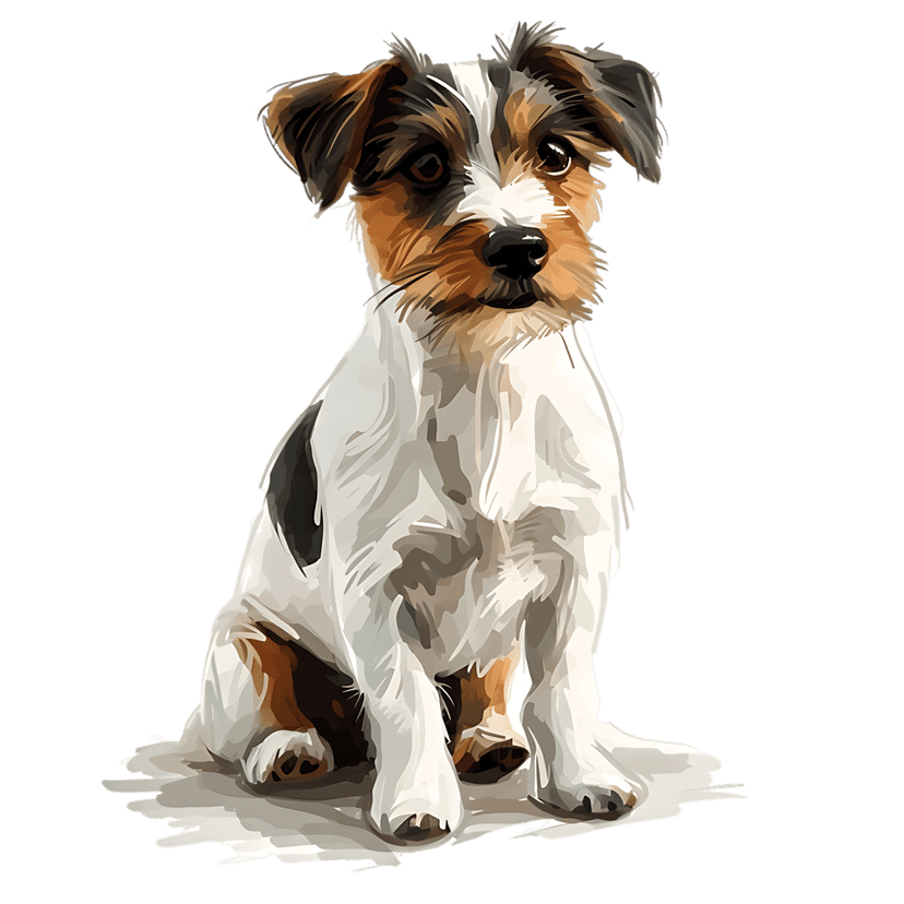 Jack Russell Terrier digital portrait featuring alert ears and tri-color fur isolated on a black background.
