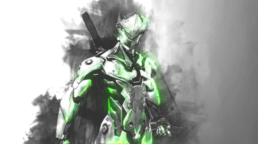 Cyborg ninja in white armor with glowing green accents in a charcoal sketch style on a smoky gray background.