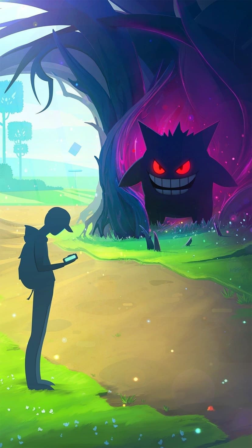 Silhouetted trainer looks at phone while a giant Gengar with glowing eyes looms in a dark purple tree hollow.
