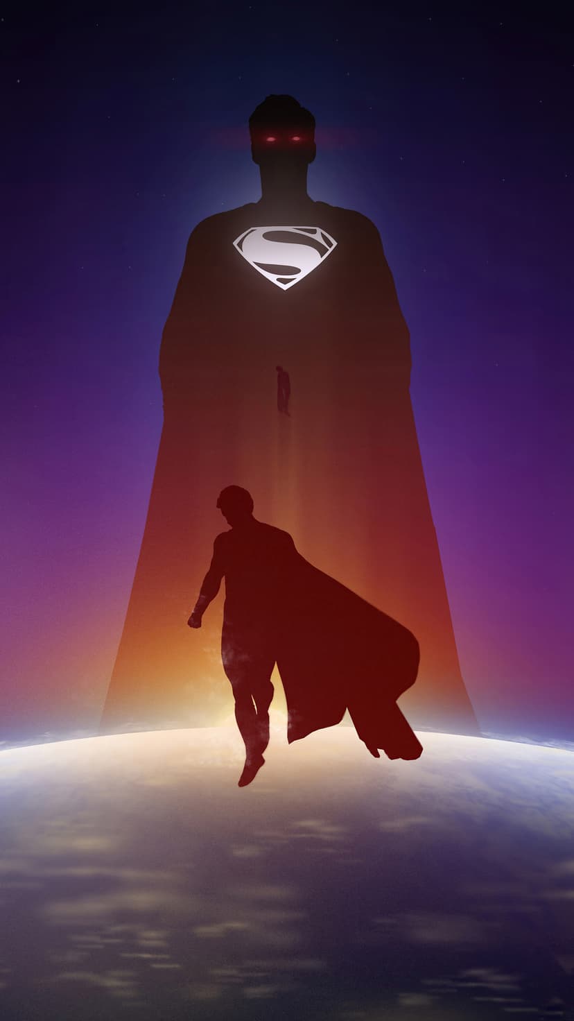 Superman silhouette hovers above Earth's horizon with a massive shadowed figure and glowing red eyes in space.