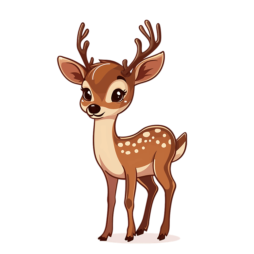 Cartoon fawn with large eyes and white spots sits in a frontal pose. Small antlers and brown fur are visible.