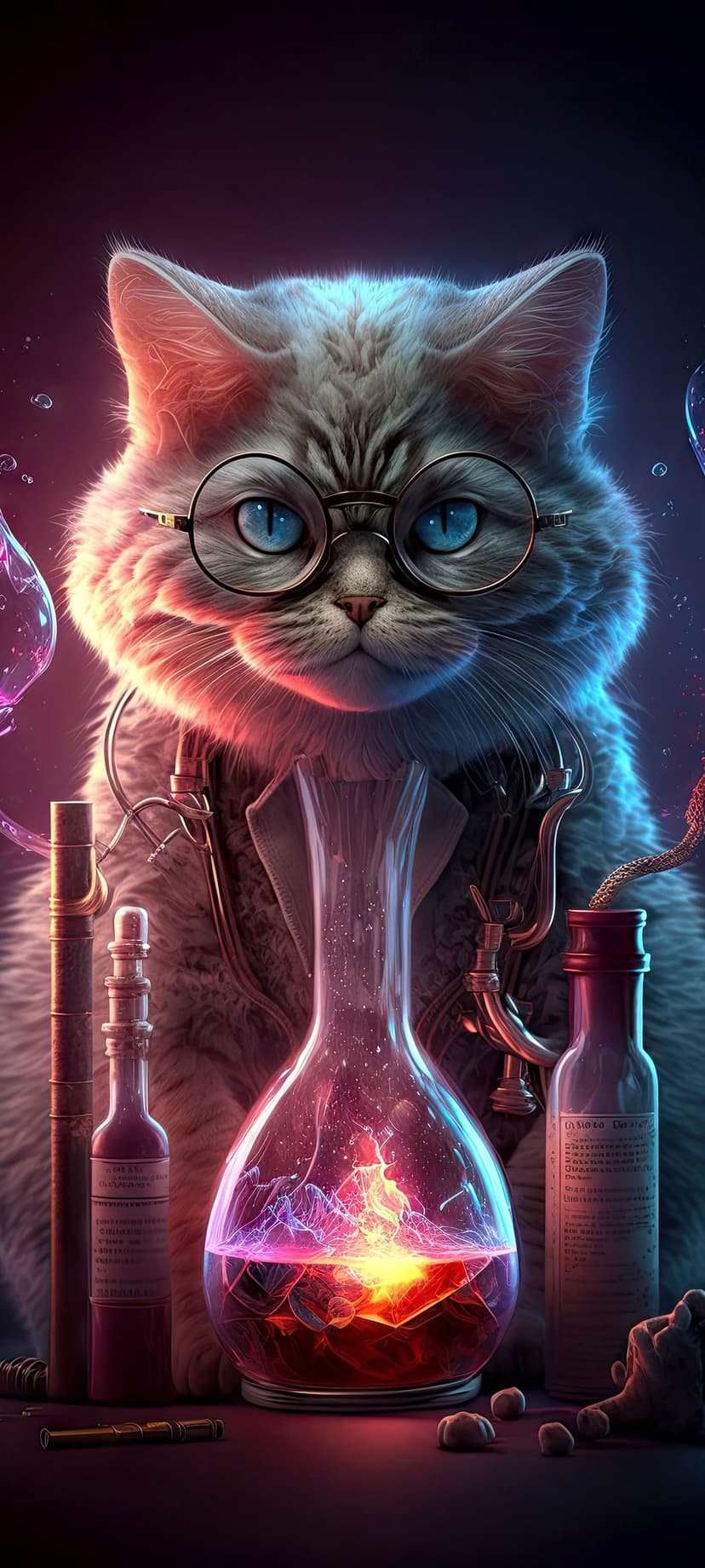 Fluffy cat wearing round glasses peers at glowing purple and blue potion bottles in a dark chemistry laboratory.