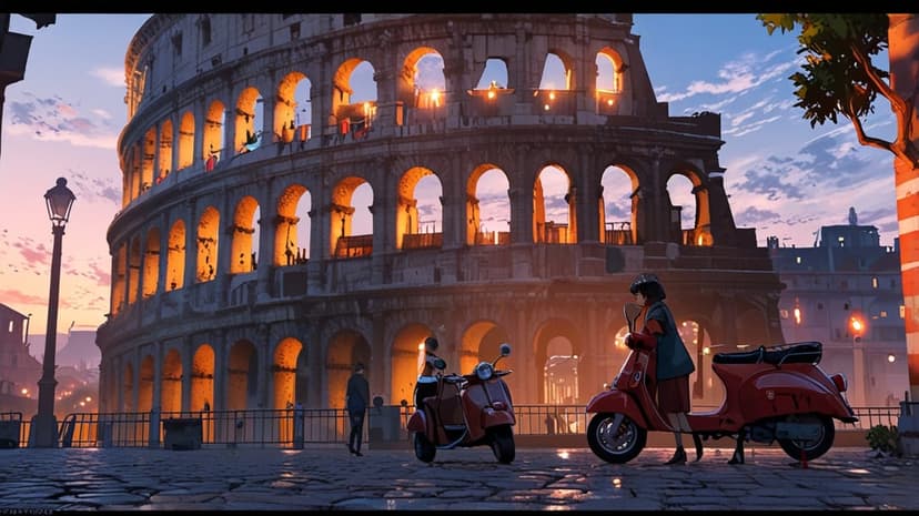 Two vintage scooters parked on cobblestones near the glowing Colosseum at sunset with silhouettes of two people.