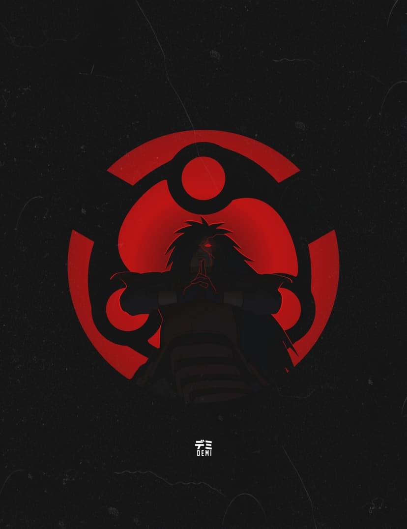 Madara Uchiha features a glowing red Sharingan eye against a textured black background with sharp crimson details.