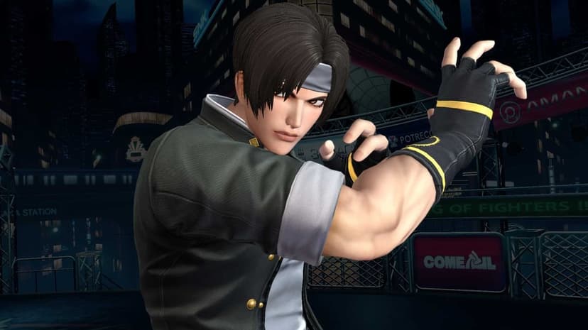 Kyo Kusanagi in a martial arts pose wearing black gloves and a headband against a dark neon city background.