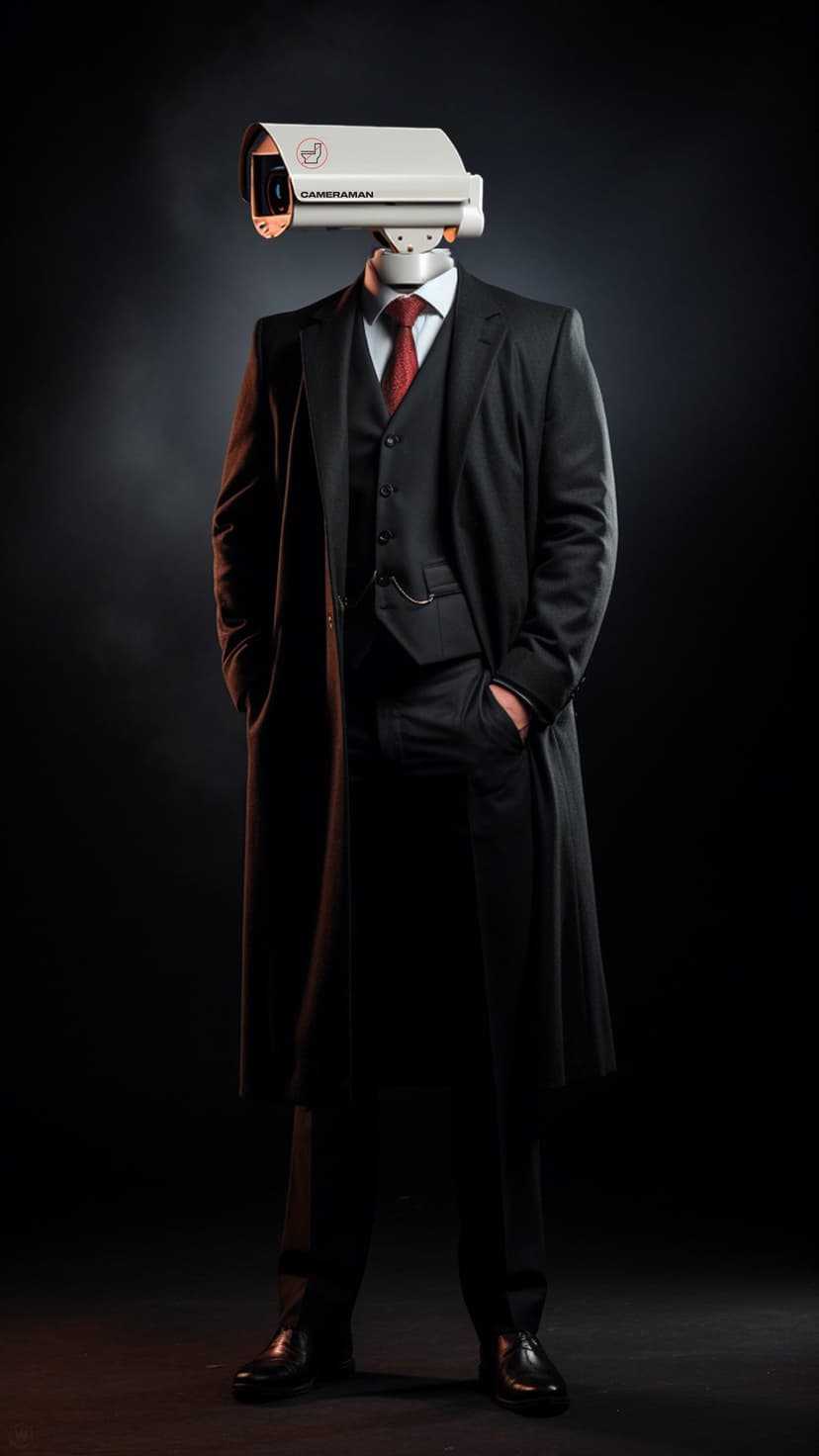 Man in a black overcoat with a surveillance camera for a head stands within a dark and smoky environment.