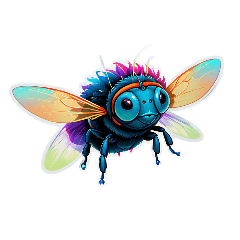 Blue insect sticker graphic with iridescent wings and a fluffy blue body showing a white die-cut outline.