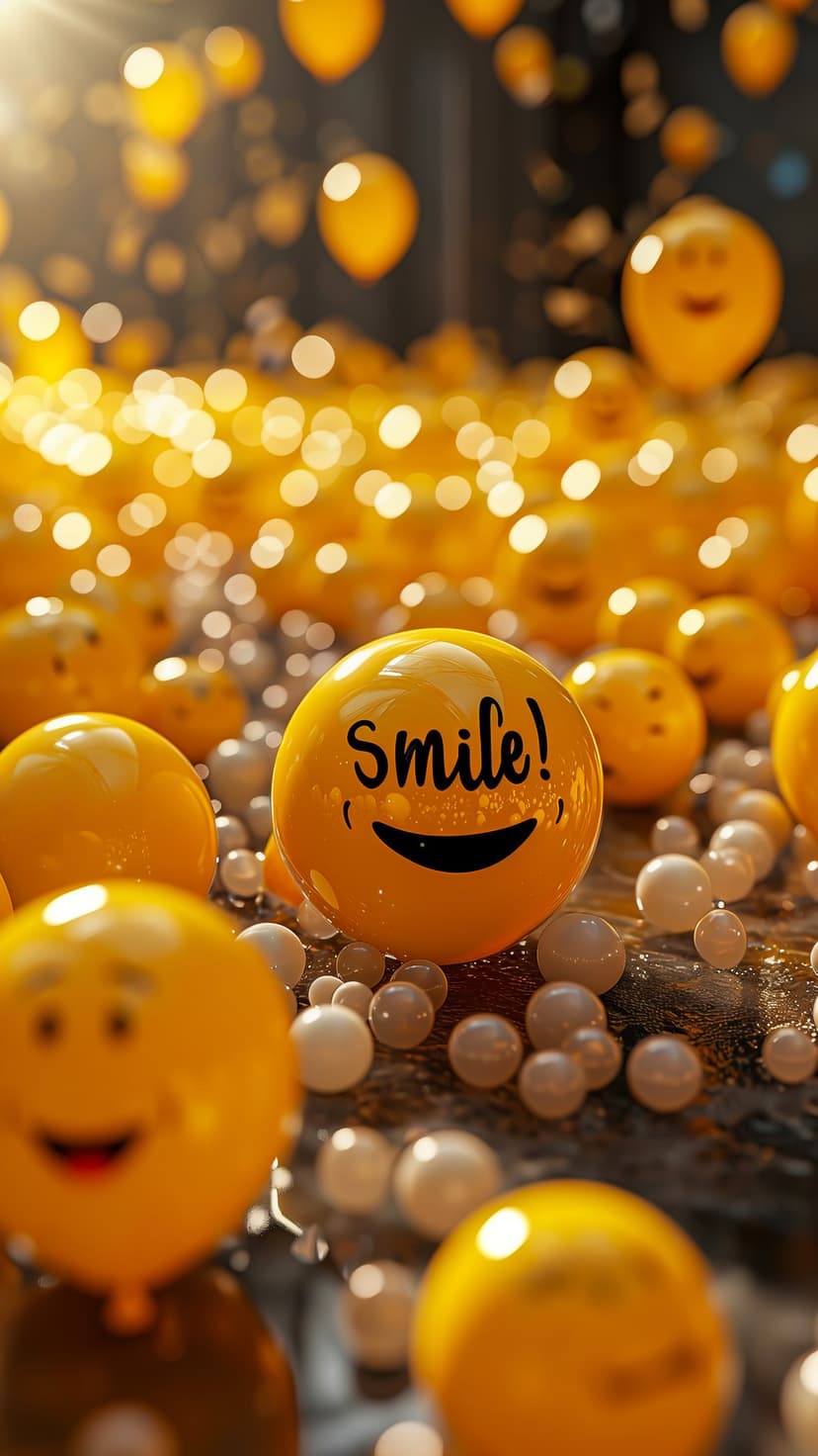 Yellow balloon with a smiley face and Smile text surrounded by soft pearls and a blurred bokeh background.