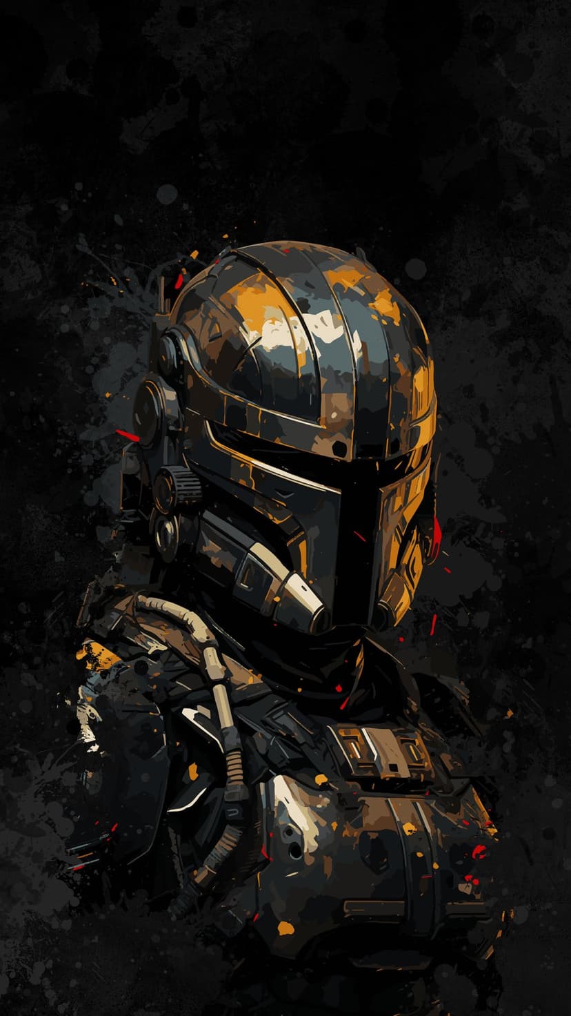 Mandalorian warrior in black armor with gold highlights stands against a dark backdrop with grunge textures.