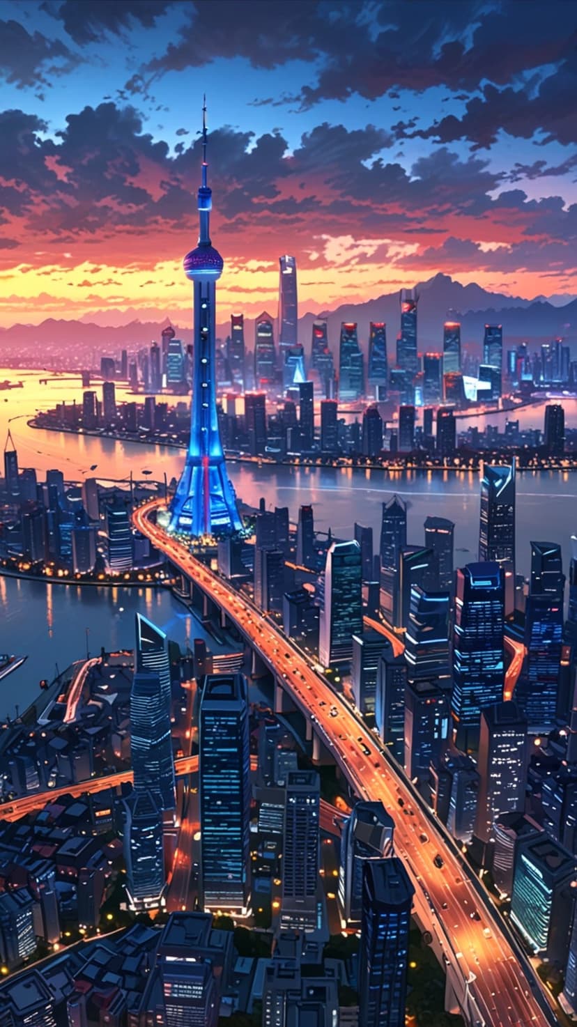 Glowing tower and multi-lane highway with car light trails wind through a skyscraper skyline under a sunset sky.