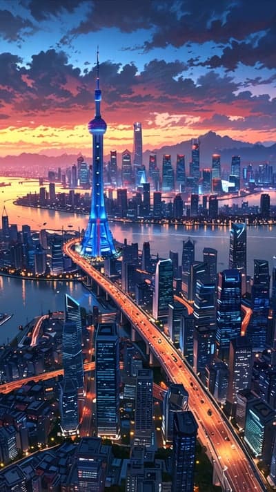 Futuristic Anime Cityscape Sunset Phone Wallpaper