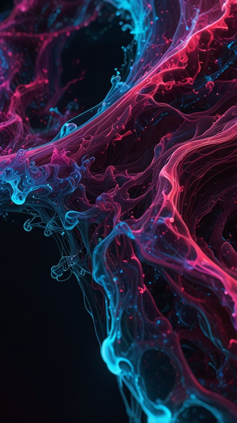 Cyan and magenta neon smoke tendrils weave together with luminous particles over a solid black background.