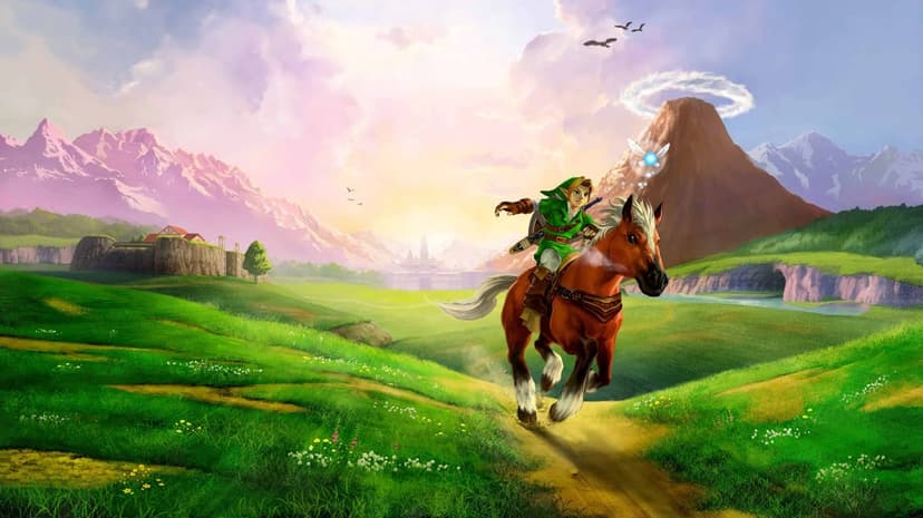 Link and Epona gallop across lush green hills toward Hyrule Castle under a soft morning sky near Death Mountain.