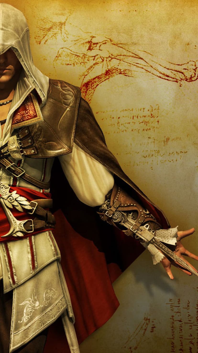 Ezio Auditore wears white Renaissance robes with leather armor against a backdrop of aged parchment sketches.