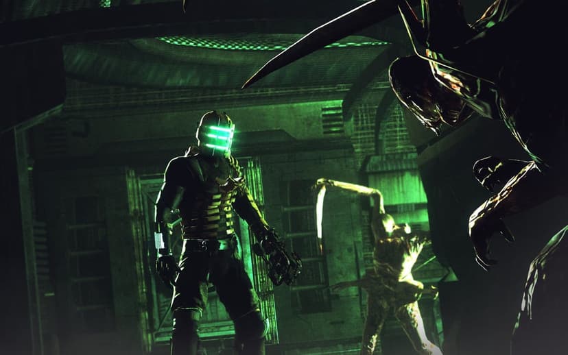 Isaac Clarke in armor with glowing green visor facing Necromorphs in a dark industrial sci-fi hallway.
