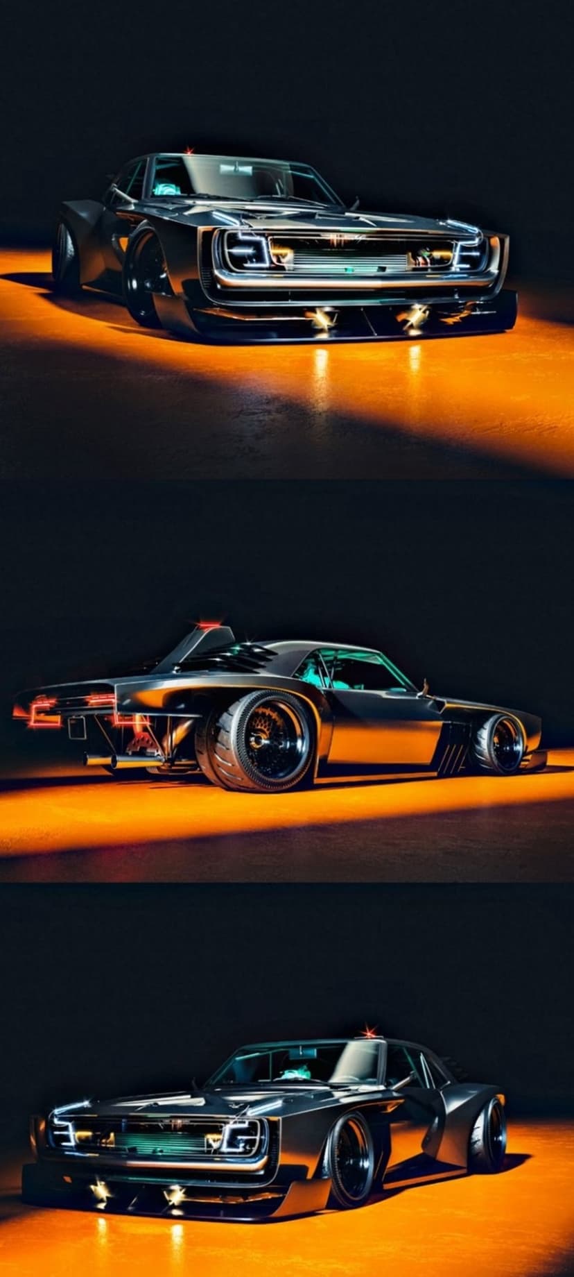 Cyberpunk custom car with a widebody kit and glowing neon lights parked in a dark, atmospheric environment.