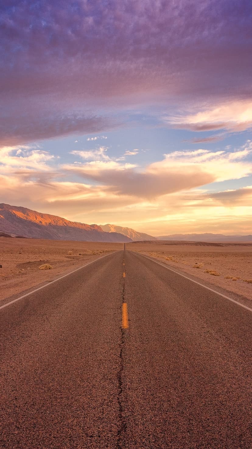 Paved highway receding toward jagged mountain peaks under a violet and amber twilight sky in a vast desert.