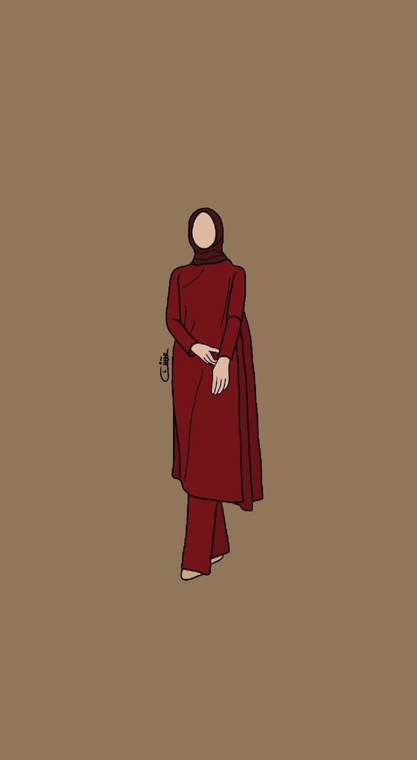 Muslim woman wearing a dark red hijab and matching long tunic stands in a poised, minimalist fashion pose.