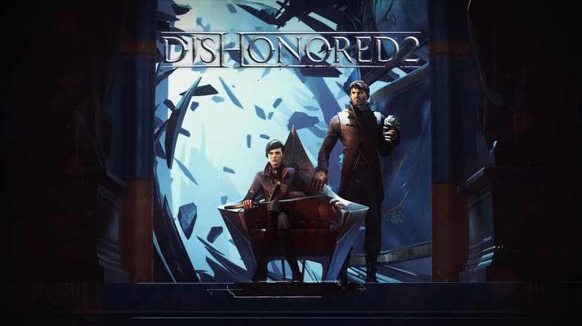 Emily Kaldwin on a throne beside Corvo Attano against a backdrop of floating shattered blue glass shards.