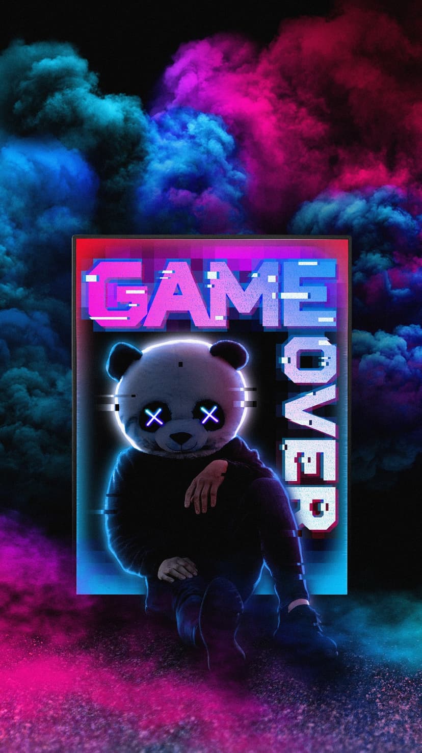 Panda in a black hoodie with glowing X eyes stands before pink smoke and distorted game over text in neon blue.