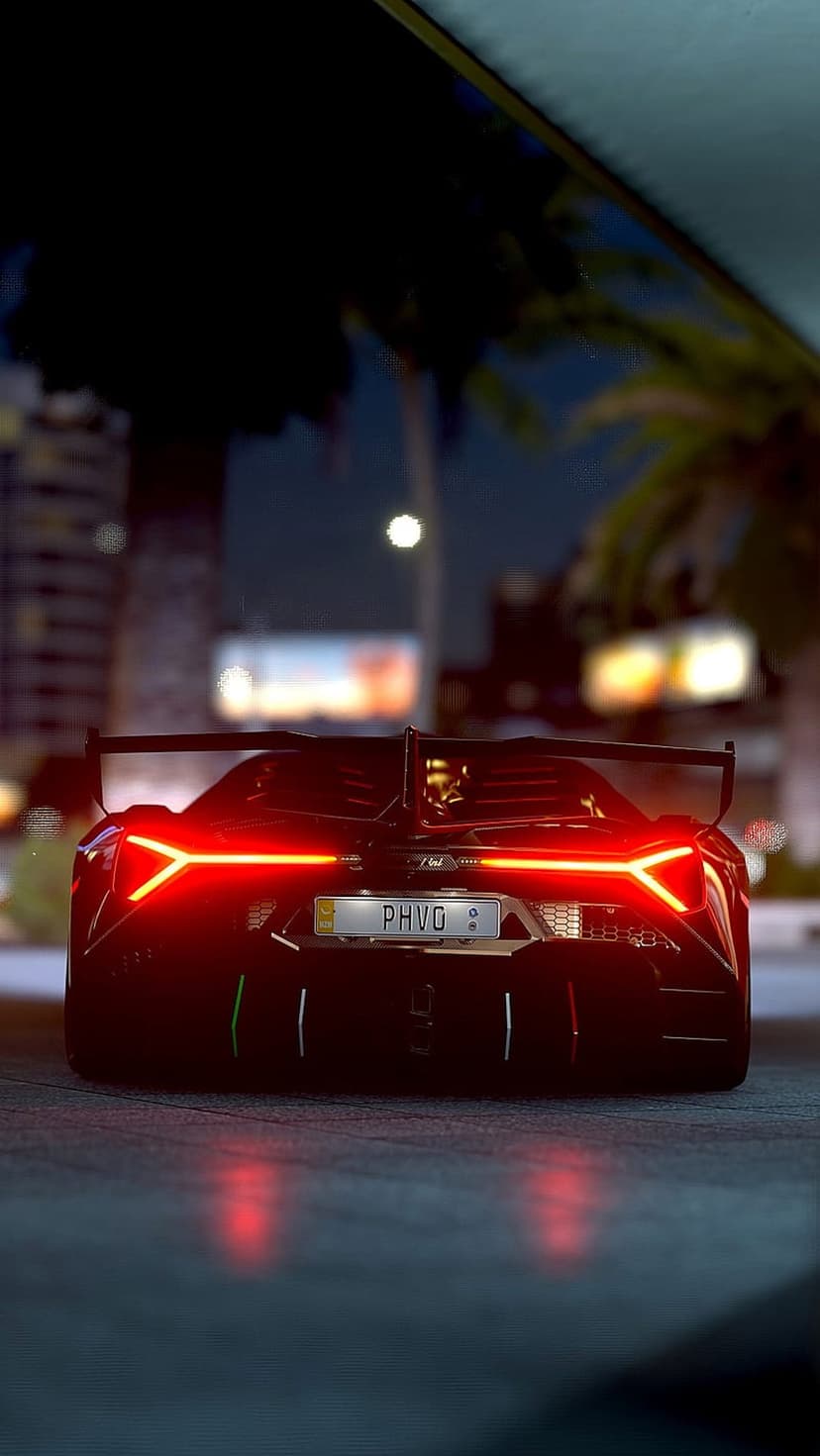 Lamborghini Aventador SVJ with red Y-shaped taillights on a city road at night featuring palm trees and bokeh.