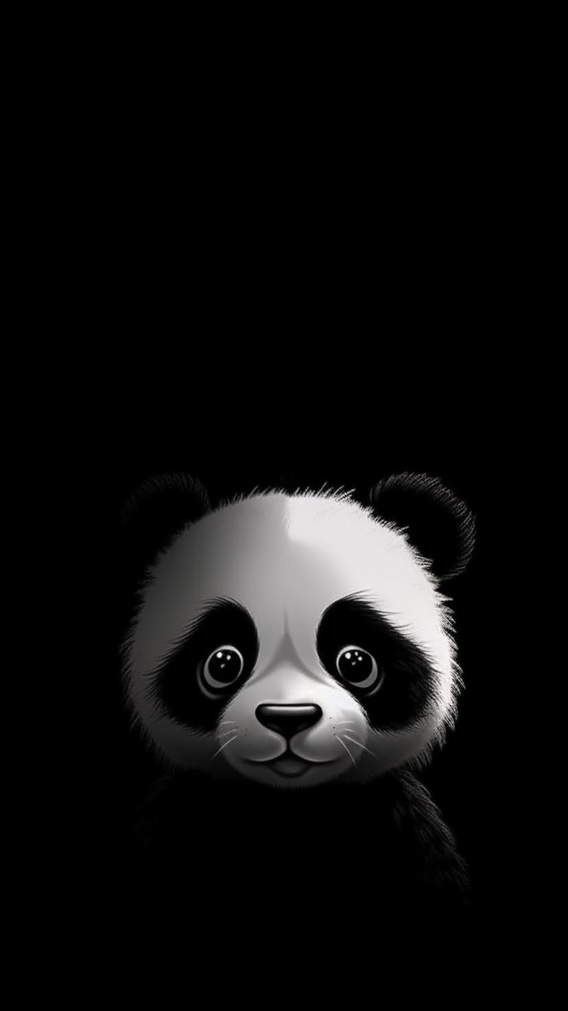 Panda face with large round eyes and black patches peeks out from the bottom of a dark, solid black background.