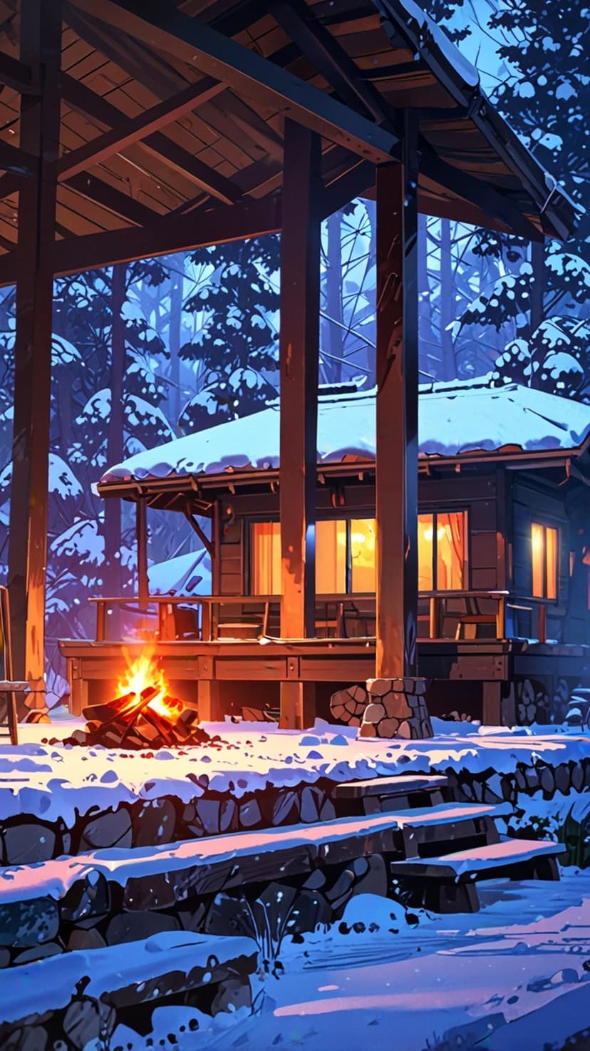 Rustic log cabin with illuminated windows sits behind a burning campfire in a snow-covered evergreen forest.