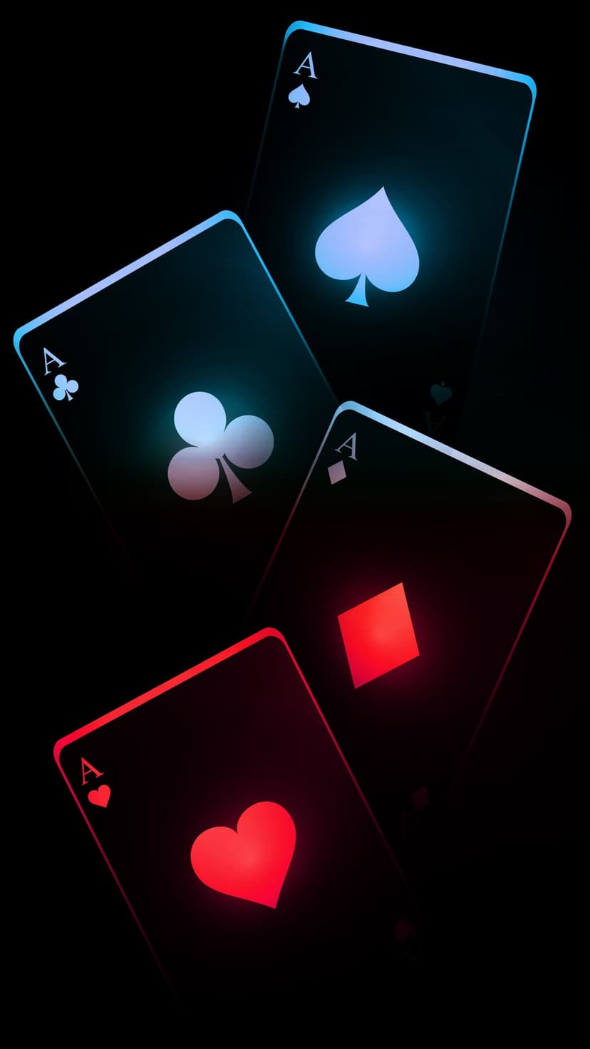 Four ace playing cards glowing with blue, pink, and red neon outlines on a solid pitch black background.