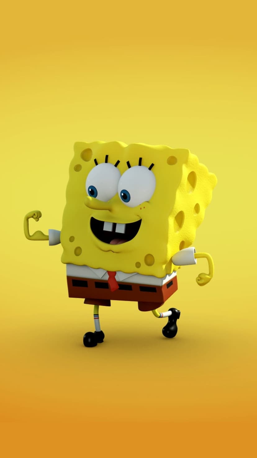 SpongeBob SquarePants flexes his arm confidently against a vibrant yellow gradient background in 3D style.