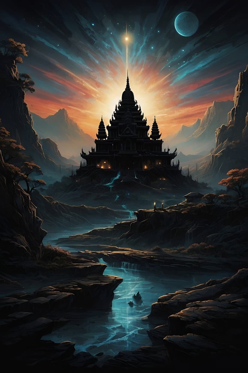 Ancient temple at the foot of snowy mountains beneath a cosmic sky and moon with a glowing river in the foreground