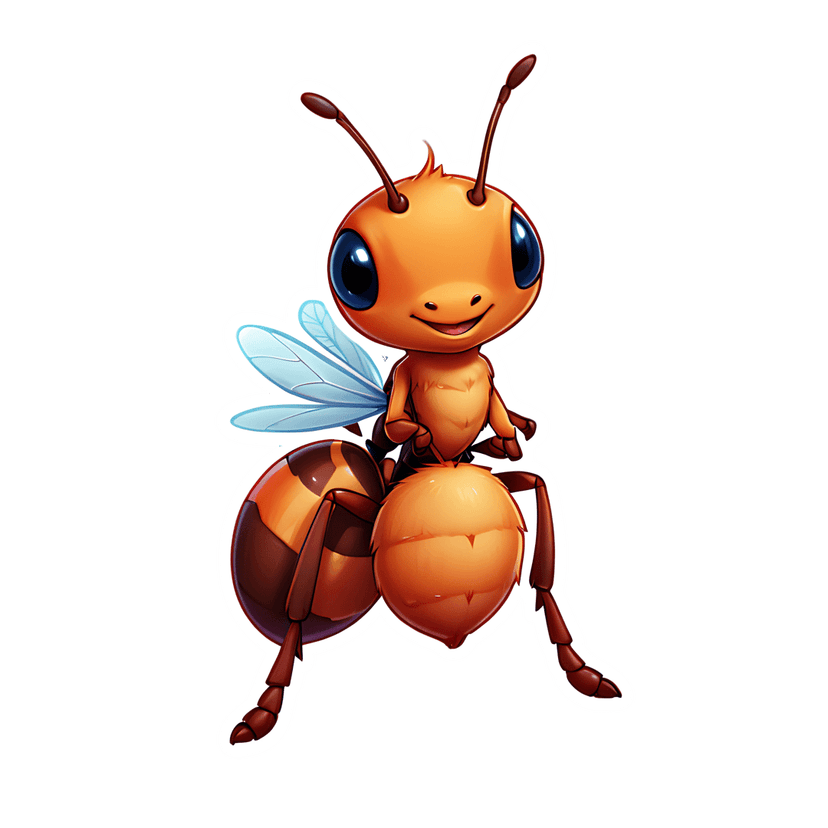 Stylized ant character with glossy orange segments, large blue eyes, and translucent wings in a front pose.